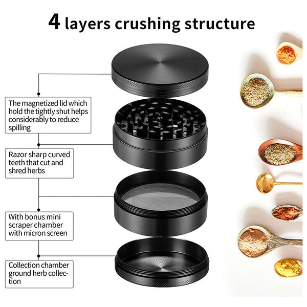 Black Premium 4 Layer Zinc Alloy Herb Grinder Magnetic Lid & Fine Grinding 63Mm 162G Other Kitchen Gadgets