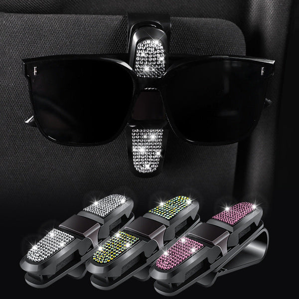 Elosung 6 Pcs White Luxury Rhinestone Car Sun Visor Glasses Clip Sun Visors