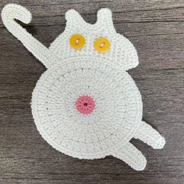 4 Pcs White Cute Cat Butt Knitted Coaster Lightweight Crochet Drink Mat 15X10cm Coasters