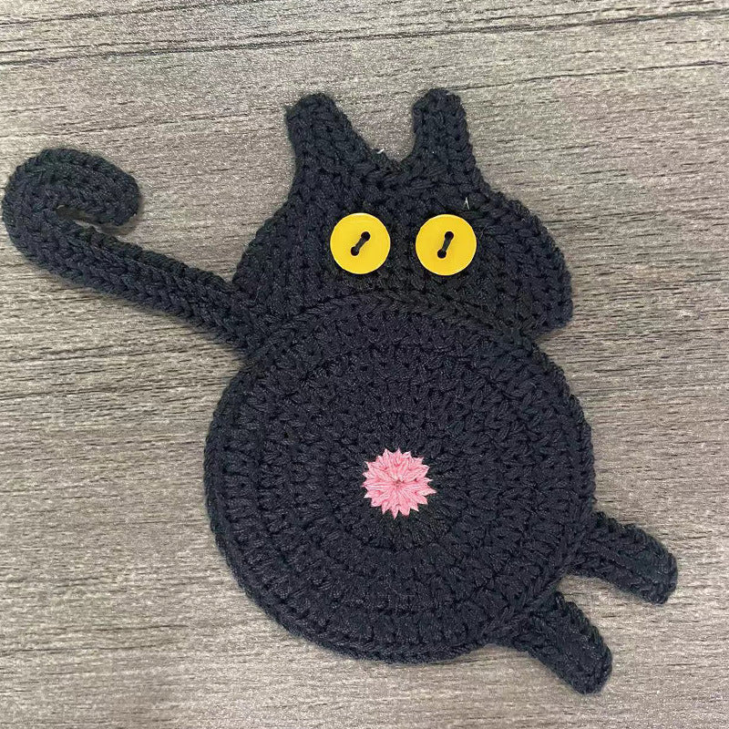 4 Pcs Black Cute Cat Butt Knitted Coaster Lightweight Crochet Drink Mat 15X10cm Coasters