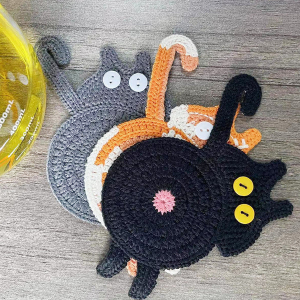4 Pcs Black Cute Cat Butt Knitted Coaster Lightweight Crochet Drink Mat 15X10cm Coasters