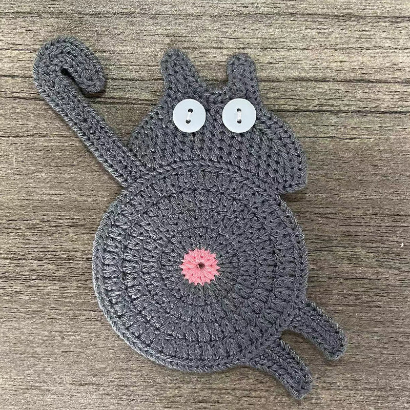 4 Pcs Grey Cute Cat Butt Knitted Coaster Lightweight Crochet Drink Mat 15X10cm Coasters