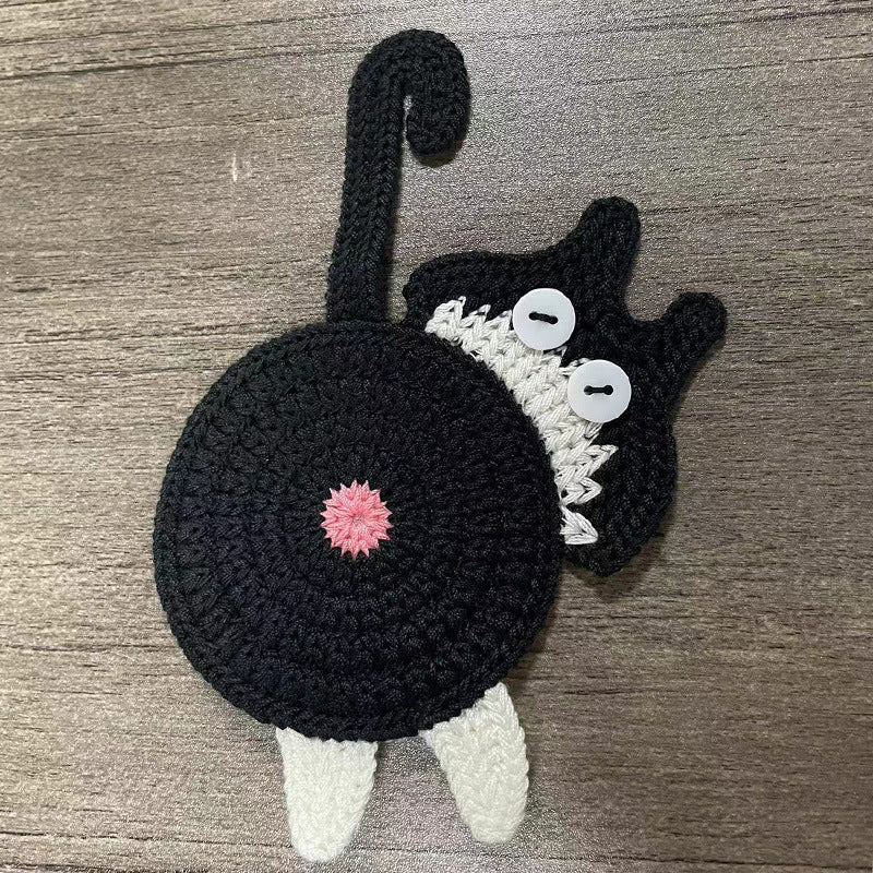 4 Pcs Black And White Cute Cat Butt Knitted Coaster Lightweight Crochet Drink Mat 15X10cm Coasters