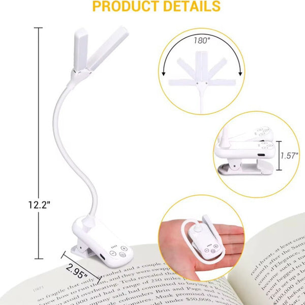 White Rechargeable Dual Head Clip On Book Light Touch Control Reading Lamp With Eye Protection Lamps