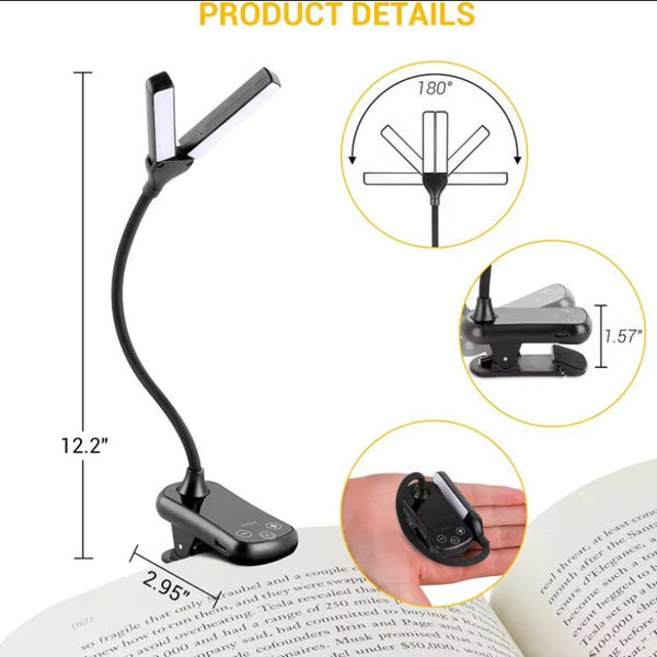 Black Rechargeable Dual Head Clip On Book Light Touch Control Reading Lamp With Eye Protection Lamps