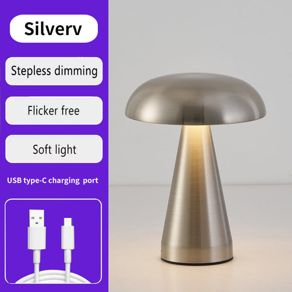 Silver Metal Mushroom Table Lamp Rechargeable Touch Control Ambient Light With Remote Lamps