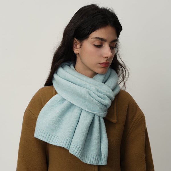 Blue Soft Wool Blend Solid Color Knit Scarf For Women Cozy Faux Cashmere Shawl Scarves & Wraps
