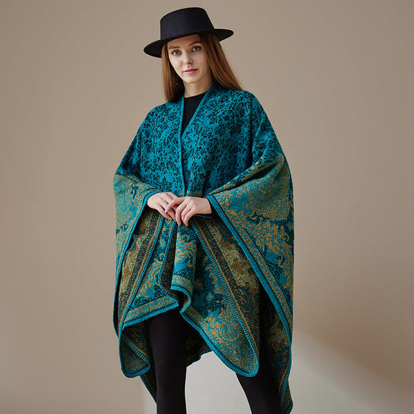 Green Ethnic Boho Shawl For Women Stylish Split Cape Travel And Cooling Rooms Scarves & Wraps