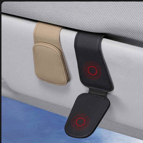 Elosung 2 Pcs Black Pu Leather Car Visor Sunglasses Holder Multi Functional Clip For Glasses Cards And Tickets 9.5X4.5Cm Sun Visors