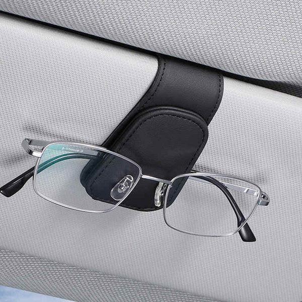 Elosung 2 Pcs Black Pu Leather Car Visor Sunglasses Holder Multi Functional Clip For Glasses Cards And Tickets 9.5X4.5Cm Sun Visors