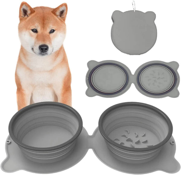 Grey Portable Collapsible Pet Bowl Set Food Grade Silicone Double Bowl For Dogs & Cats Anti Slip & Easy To Clean Dog Bowls