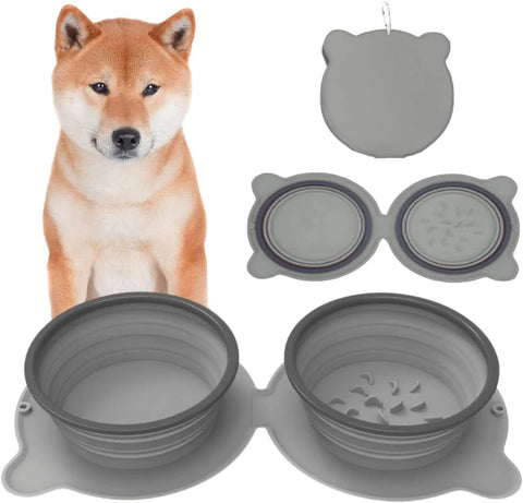 Grey Portable Collapsible Pet Bowl Set Food Grade Silicone Double Bowl For Dogs & Cats Anti Slip & Easy To Clean Dog Bowls
