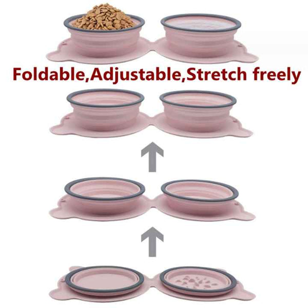 Grey Portable Collapsible Pet Bowl Set Food Grade Silicone Double Bowl For Dogs & Cats Anti Slip & Easy To Clean Dog Bowls