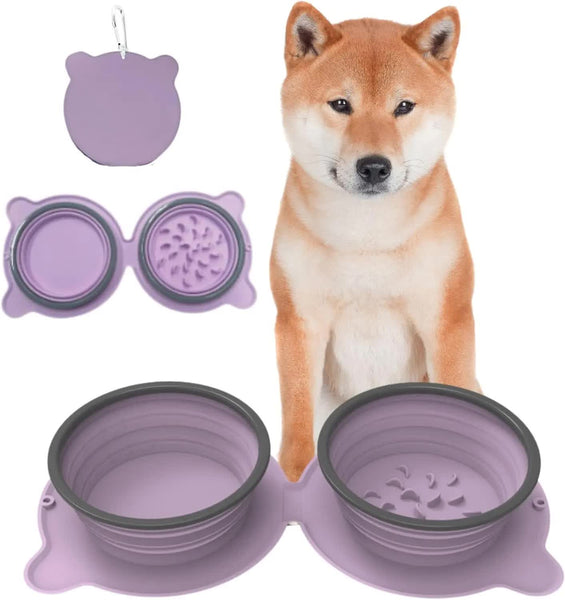 Grey Portable Collapsible Pet Bowl Set Food Grade Silicone Double Bowl For Dogs & Cats Anti Slip & Easy To Clean Dog Bowls