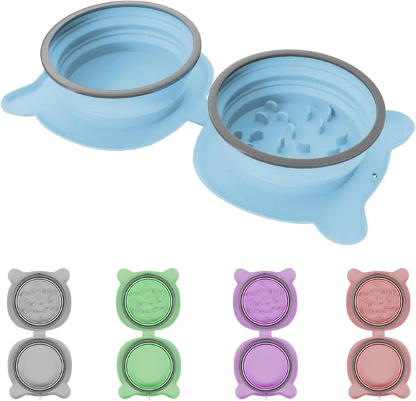 Grey Portable Collapsible Pet Bowl Set Food Grade Silicone Double Bowl For Dogs & Cats Anti Slip & Easy To Clean Dog Bowls