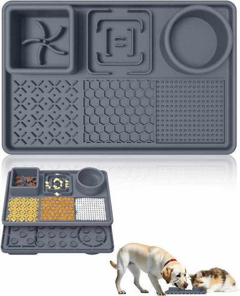 Grey Multi Functional Pet Slow Feeder Lick Mat Durable Food Grade Silicone Anti Bite Bowl For Dogs Dog Feeding Mats