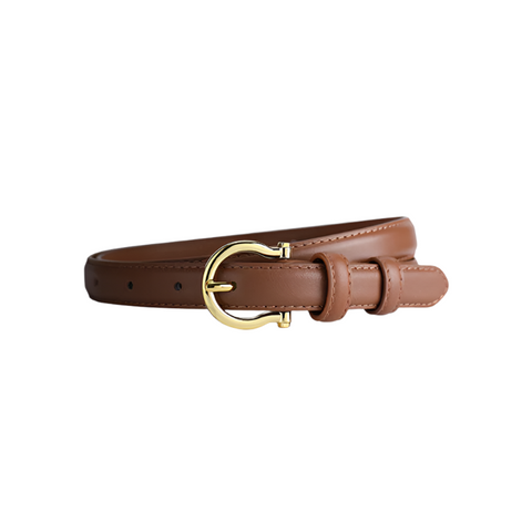 Elosung 100Cm Brown Elegant French Gold Buckle Genuine Leather Waist Belt Luxurious Lightweight Womens Belts