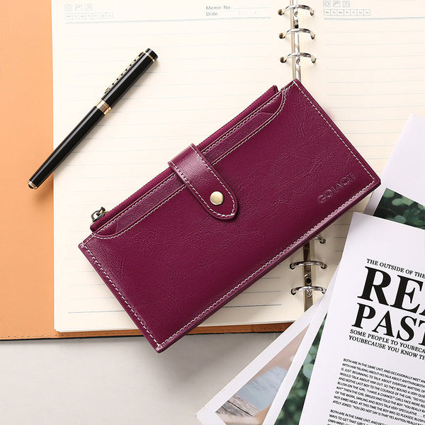 Wine Red Large Capacity Women's Leather Wallet Rfid Blocking Card Holder Wallets