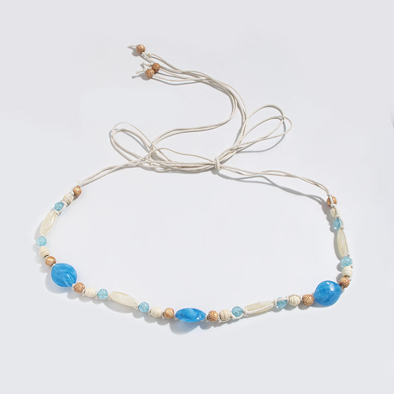 Elosung 2 Pcs Agate Blue Ethnic Style Waist Chain Beaded Bohemian Belt For Women Belts