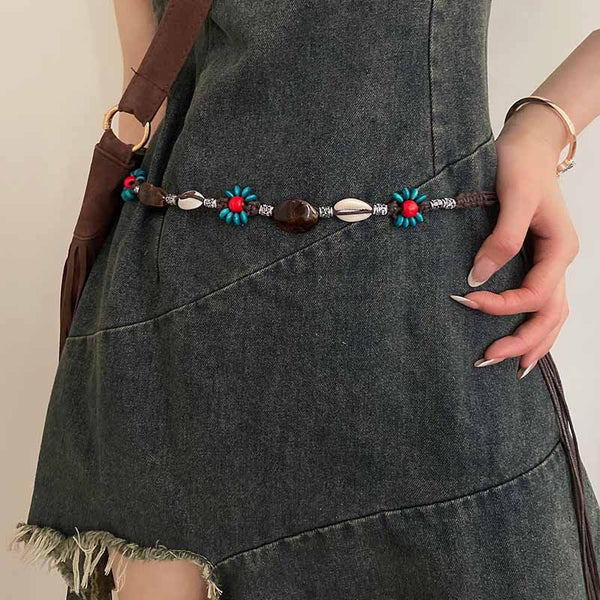 Elosung 2 Pcs Shell Red Beads Ethnic Style Waist Chain Beaded Bohemian Belt For Women Belts