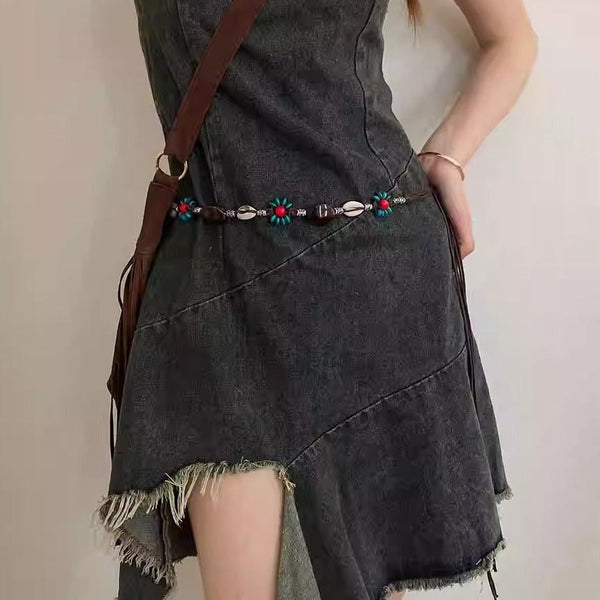 Elosung 2 Pcs Shell Red Beads Ethnic Style Waist Chain Beaded Bohemian Belt For Women Belts