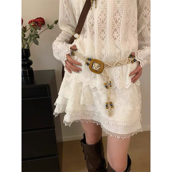 Elosung Beaded Bohemian Waist Chain Ethnic Braid Belt For Women 2Pcs Belts