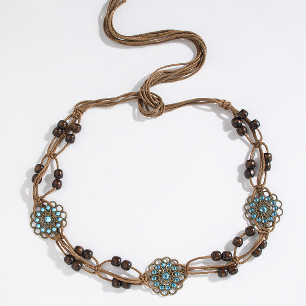 Elosung 2 Pcs Sapphire Wood Beads Ethnic Style Waist Chain Beaded Bohemian Belt For Women Belts