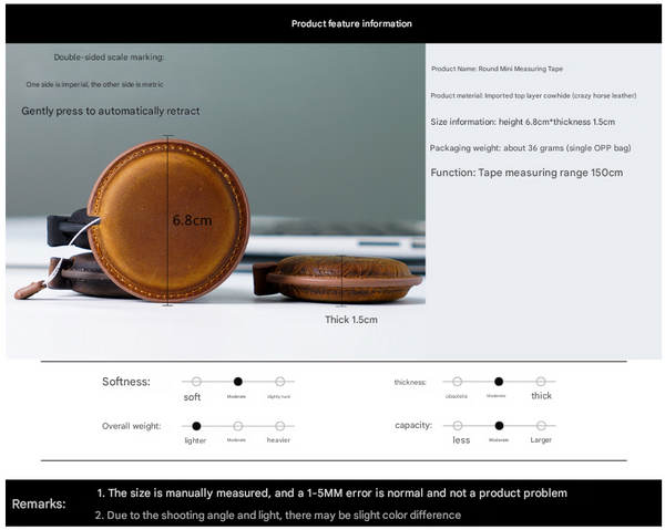 Black Mini Leather Tape Measure 1.5M/60In Round Plain Tape Measures