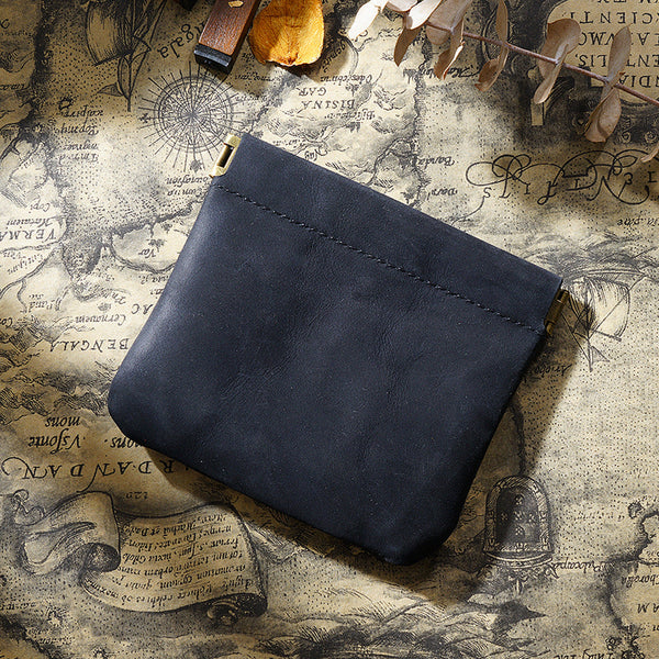Black Genuine Leather Coin Purse Vintage Style Snap Closure Mini Pouch Wallets