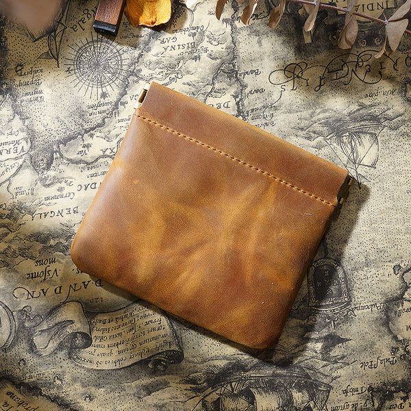 Black Genuine Leather Coin Purse Vintage Style Snap Closure Mini Pouch Wallets