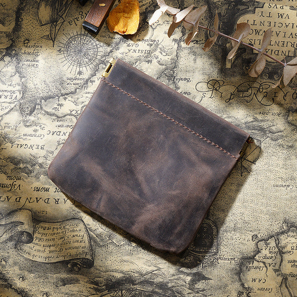 Black Genuine Leather Coin Purse Vintage Style Snap Closure Mini Pouch Wallets