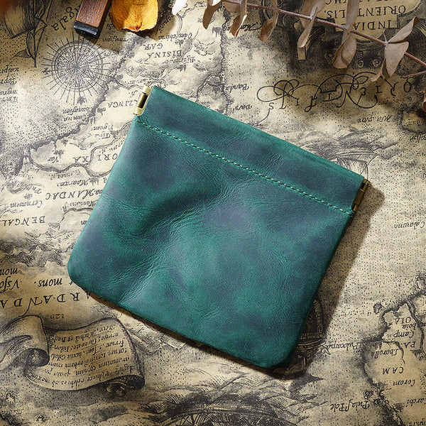 Black Genuine Leather Coin Purse Vintage Style Snap Closure Mini Pouch Wallets
