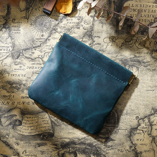 Black Genuine Leather Coin Purse Vintage Style Snap Closure Mini Pouch Wallets