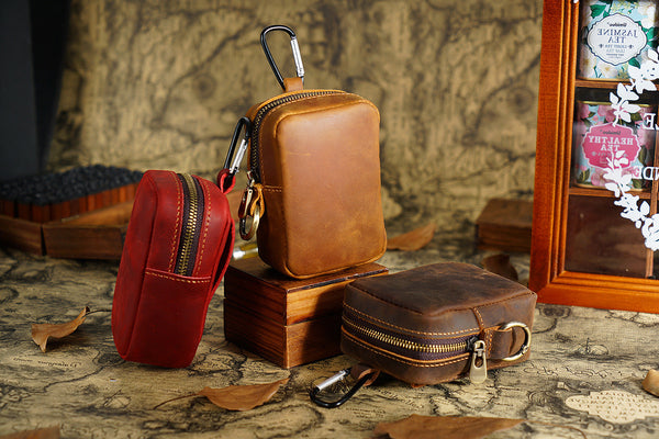 Black Genuine Leather Belt Pouch Mini Waist Bag With Zipper And Carabiner Waist Packs & Bags