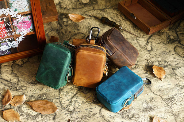 Black Genuine Leather Belt Pouch Mini Waist Bag With Zipper And Carabiner Waist Packs & Bags