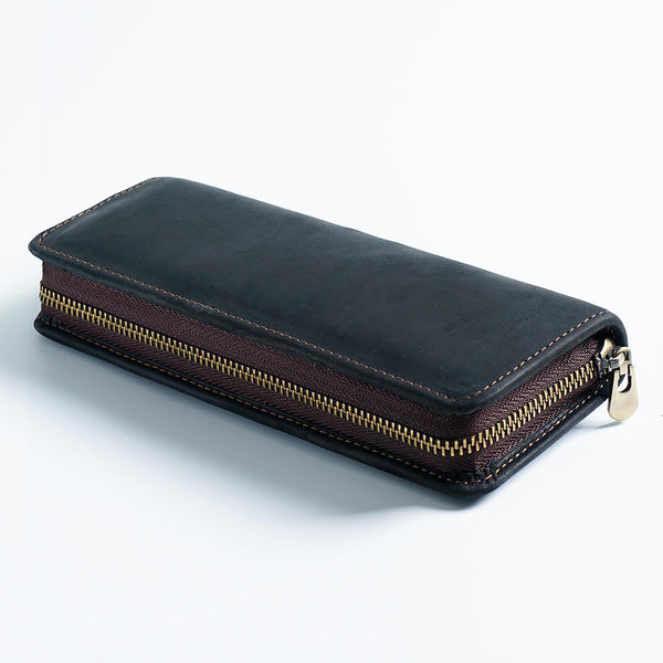 Black Genuine Leather Pencil Case Vintage Zip Up Holder With Elastic Loops Pencil Cases