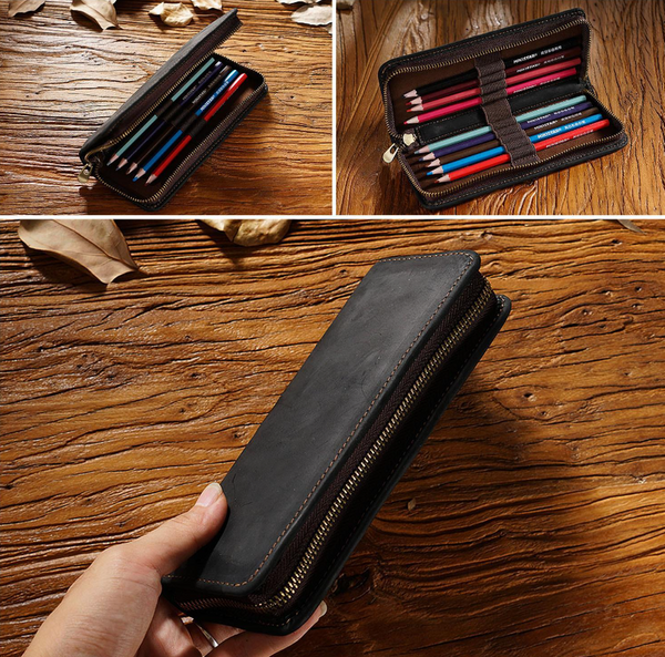 Black Genuine Leather Pencil Case Vintage Zip Up Holder With Elastic Loops Pencil Cases