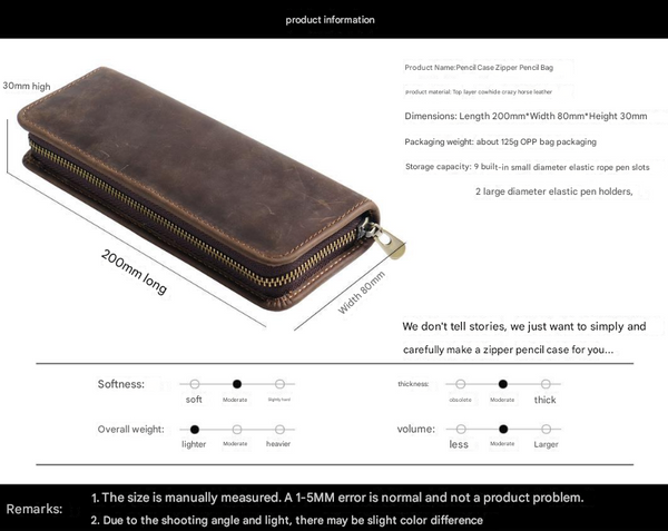 Black Genuine Leather Pencil Case Vintage Zip Up Holder With Elastic Loops Pencil Cases