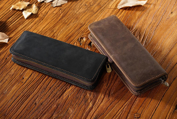 Black Genuine Leather Pencil Case Vintage Zip Up Holder With Elastic Loops Pencil Cases