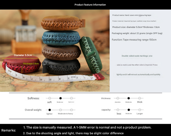 Elosung 2 Pcs Wine Red Hand Stitched Leather Tape Measure Compact & Stylish Measuring Tool Measuring Tapes