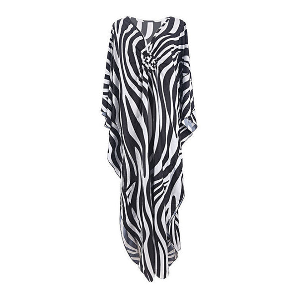 Zebra Print Loose Fit Caftan Dress Resort Style Beach Coverup For Women Swimwear