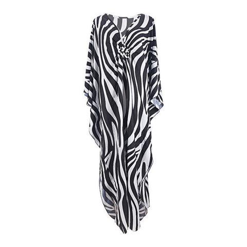 Zebra Print Loose Fit Caftan Dress Resort Style Beach Coverup For Women Swimwear