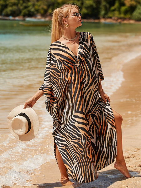 Zebra Print Loose Fit Caftan Dress Resort Style Beach Coverup For Women Swimwear