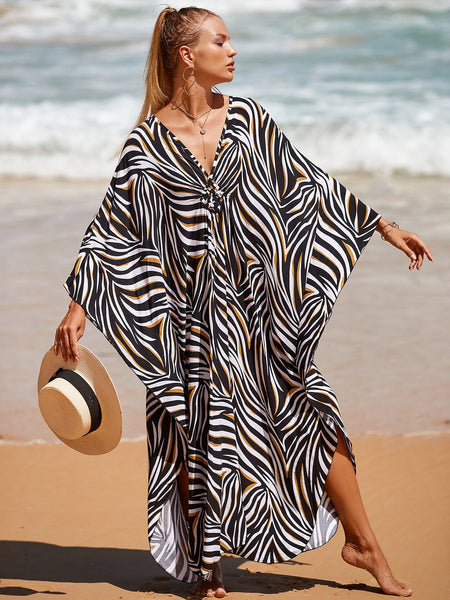 Zebra Print Loose Fit Caftan Dress Resort Style Beach Coverup For Women Swimwear