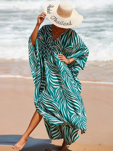 Zebra Print Loose Fit Caftan Dress Resort Style Beach Coverup For Women Swimwear