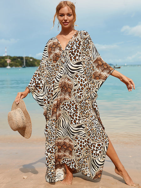 Zebra Print Loose Fit Caftan Dress Resort Style Beach Coverup For Women Swimwear