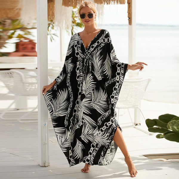 Zebra Print Loose Fit Caftan Dress Resort Style Beach Coverup For Women Swimwear