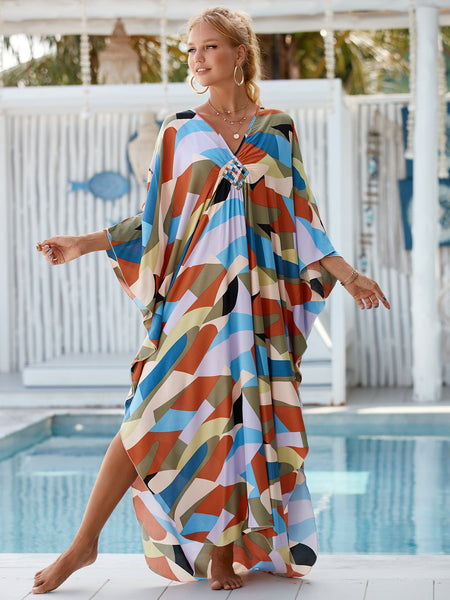 Zebra Print Loose Fit Caftan Dress Resort Style Beach Coverup For Women Swimwear