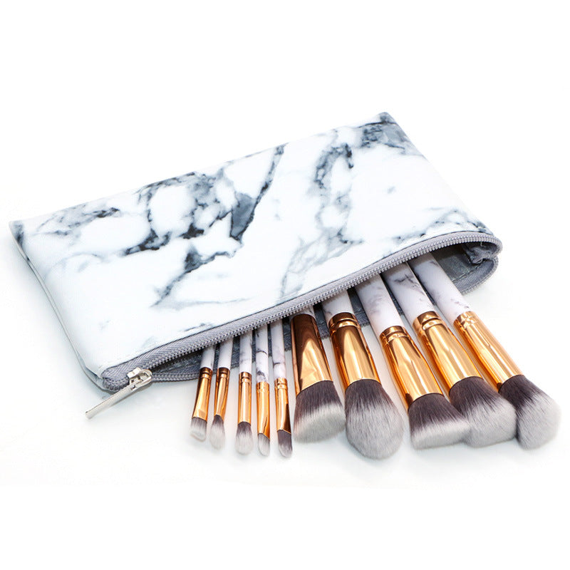 (Bag + Brush) White Marble Makeup Collection 10 For Face Eyes And Lips Brushes