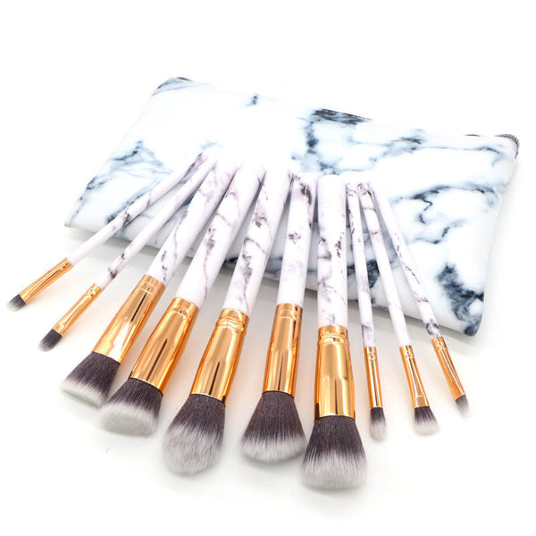 (Bag + Brush) White Marble Makeup Collection 10 For Face Eyes And Lips Brushes